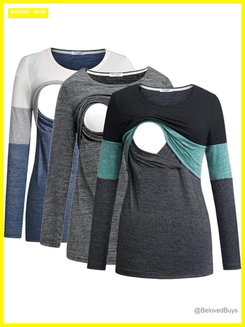 3-Pack Maternity Nursing Tops Long Sleeve Crew Neck Tees Breastfeeding